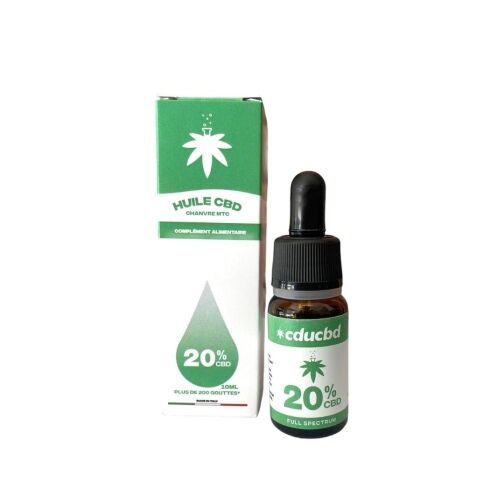 Flacon d'huile CBD 20 % avec pipette et boîte verte et blanche.