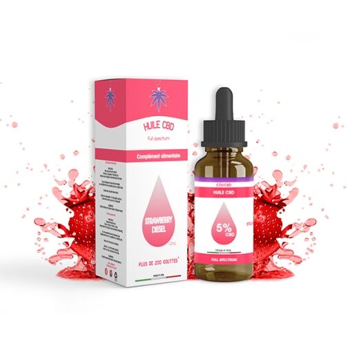 Flacon d'huile CBD 5% Strawberry Diesel avec sa boîte, fond éclaboussures de fraises rouges.