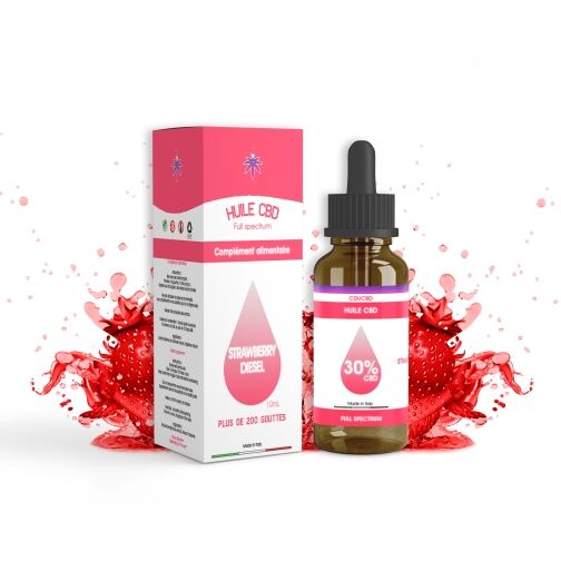 Flacon d'huile CBD Strawberry Diesel 30% avec sa boîte, fond éclaboussures de fraise.