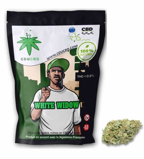 Sachet de fleurs CBD White Widow avec un design urbain et une tête de fleur placée à droite.