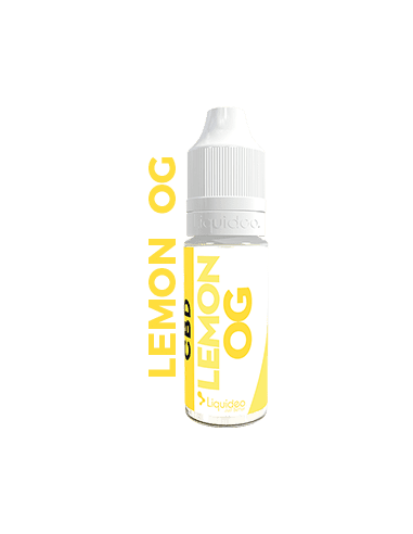 Flacon de e-liquide CBD "Lemon OG" de la marque Liquideo, avec un design blanc et jaune.