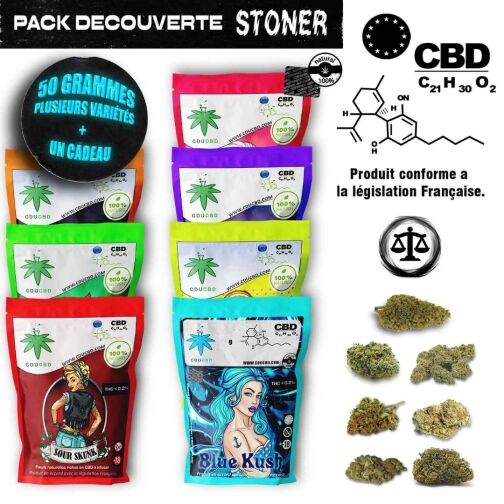 Huit sachets de chanvre colorés, affichant « Pack Découverte Stoner 50 g » et quelques fleurs vertes à côté.