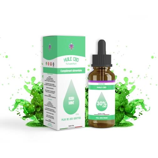 Flacon d'huile CBD Kush Mint 30% avec sa boîte, fond éclaboussures de menthe verte.