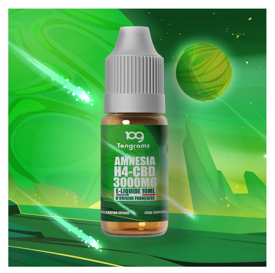 Flacon de 10 ml de e-liquide Amnesia H4-CBD 3000 mg de la marque Tengrams, sur fond vert futuriste.