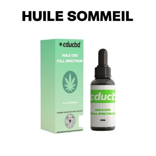 Flacon d'huile CBD Full Spectrum CDUCBD avec son emballage vert, sur fond bleu avec texte "Huile Sommeil".
