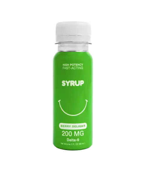 Bouteille verte avec bouchon blanc, affichant "SYRUP" et "200 MG Delta-9" sur l'étiquette.
