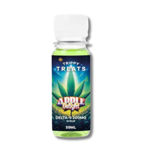 Flacon transparent contenant un sirop vert avec une étiquette "Trippy Treats Apple Delight Delta-9 200mg Syrup".