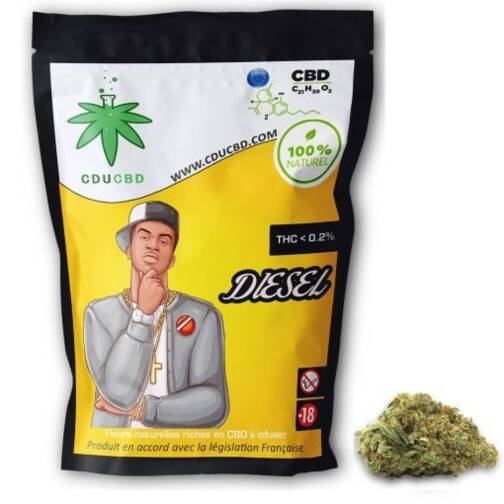 Sachet de fleurs CBD Diesel avec illustration urbaine et une tête de fleur CBD posée à droite.