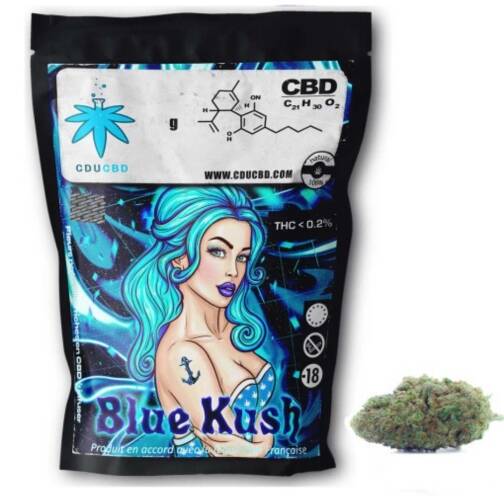 Un sachet noir et bleu avec une femme aux cheveux turquoise, « Blue Kush », et une fleur verte.