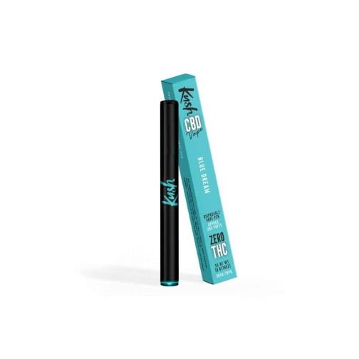 Stylo vape Kush CBD saveur Blue Dream, noir avec des détails bleus, accompagné de son emballage bleu assorti.