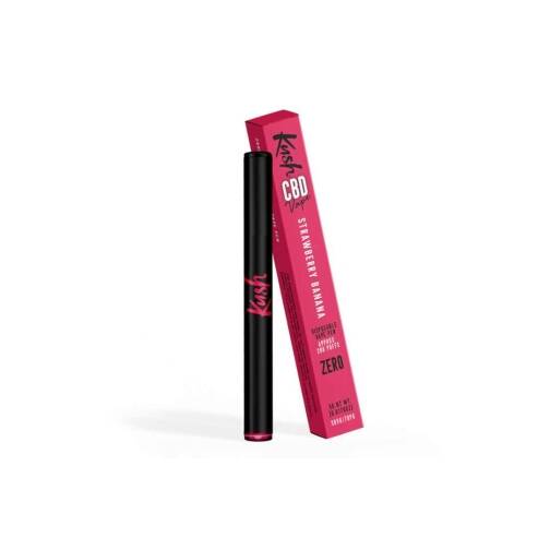Stylo vape Kush CBD saveur Strawberry Banana, noir avec des détails roses, accompagné de son emballage assorti.