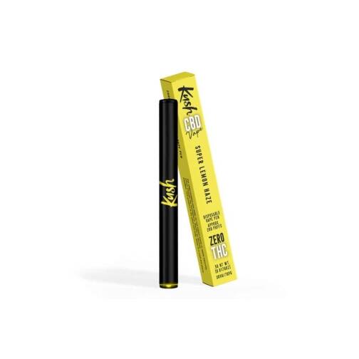 Stylo vape Kush CBD saveur Super Lemon Haze, noir avec des détails jaunes, accompagné de son emballage jaune assorti.