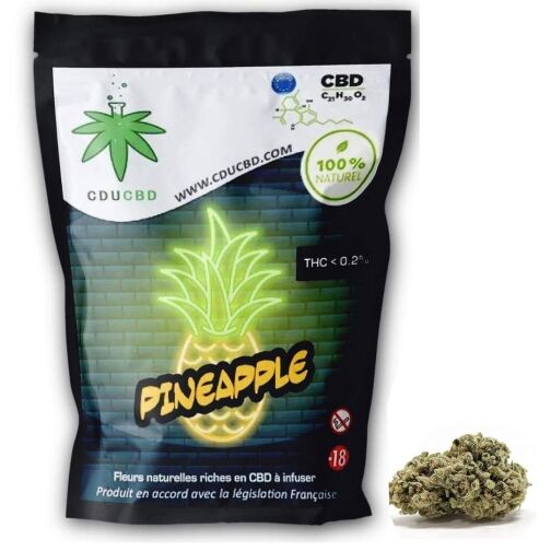 Sachet de fleurs CBD Pineapple avec un visuel de néon ananas et des têtes de fleurs CBD à côté.