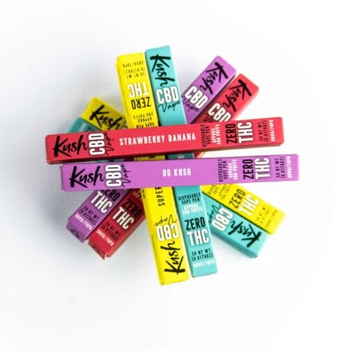 Boîtes colorées de vape pen Kush CBD avec mention "Zero THC".