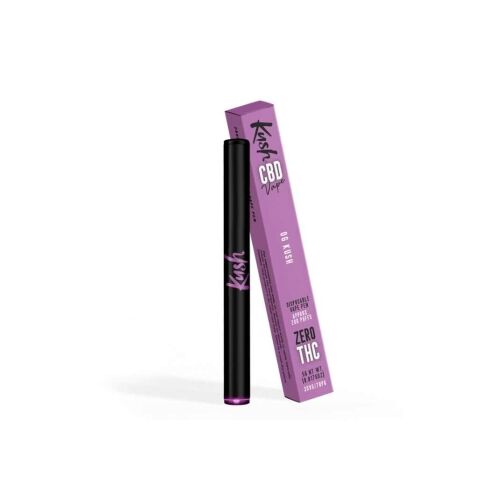 Stylo vape Kush CBD saveur OG Kush, noir avec des détails violets, présenté avec son emballage assorti.