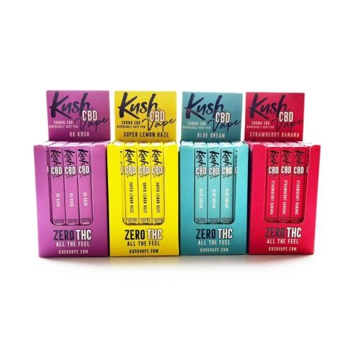 Boîtes de Kush CBD Vape Pen en différentes saveurs, alignées par couleur, incluant OG Kush, Super Lemon Haze, Blue Dream et Strawberry Banana.