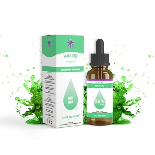 Flacon d'huile CBD Kush Mint 25% avec sa boîte, fond éclaboussures de menthe verte.