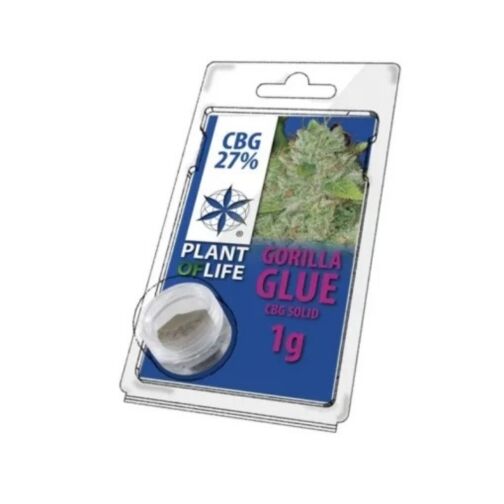 Emballage transparent de résine CBG Gorilla Glue 1g avec un pot et une image de cannabis.