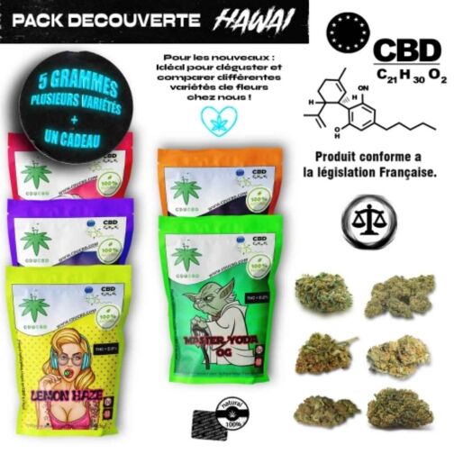 Pack découverte CBD avec plusieurs sachets de fleurs, illustrations variées, informations légales et buds de chanvre en présentation.