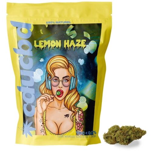 Sachet de fleurs CBD Lemon Haze avec illustration rétro et une tête de fleur CBD posée à droite.