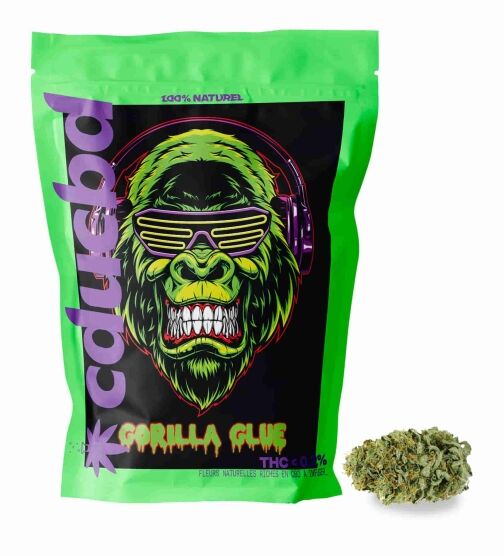 Sachet noir et coloré de fleurs CBD Zkittlez avec une tête de fleurs CBD posée à côté.