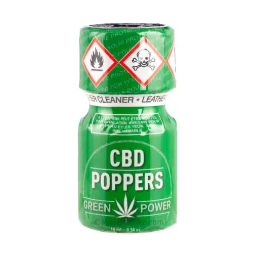 Flacon de Poppers CBD Green Power, contenant 10 ml. Emballage vert avec des pictogrammes de danger en haut (inflammable et toxique), mentionnant l’usage comme nettoyant pour cuir.