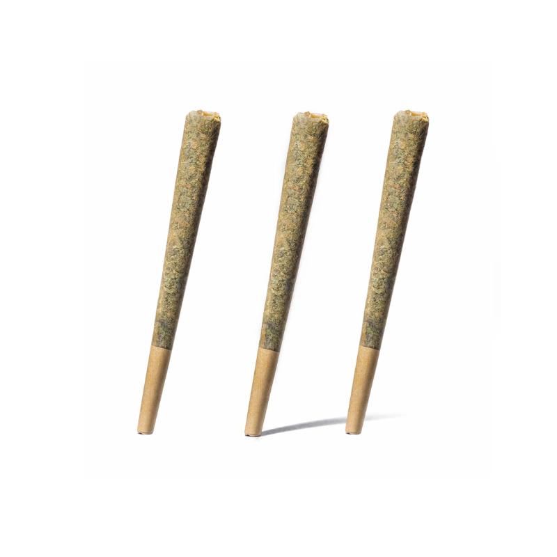 Trois joints pré-roulés en papier marron clair, alignés verticalement sur fond blanc.