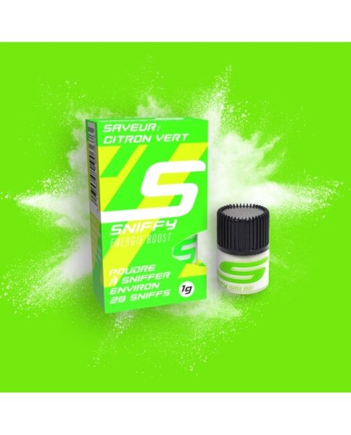 Boîte et flacon de Sniffy Énergie Boost, une poudre à sniffer saveur citron vert, affichant un design vert vif avec des accents jaunes et blancs. Le produit est indiqué pour environ 20 sniffes par flacon de 1g.