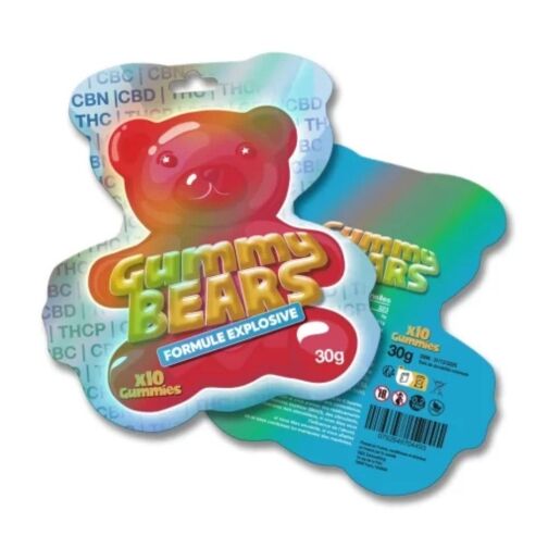 Sachet en forme d'ourson des bonbons "Gummy Bears – Formule Explosive", contenant 10 gummies pour un poids total de 30 g. L'emballage présente un design holographique avec des mentions de cannabinoïdes tels que CBD, CBN, THC et THCP.