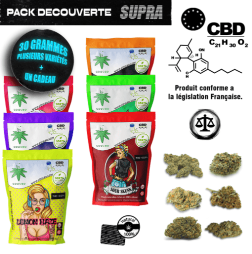 Pack découverte CBD avec plusieurs sachets de variétés différentes et têtes de fleurs disposées à droite.