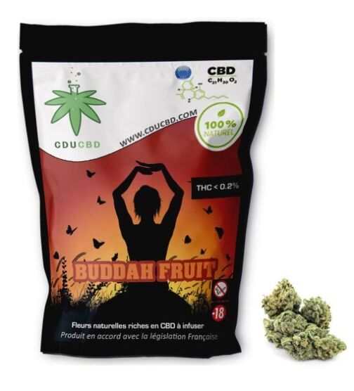 Sachet de fleurs CBD Buddah Fruit avec un design de silhouette méditative et une tête de fleur à droite.