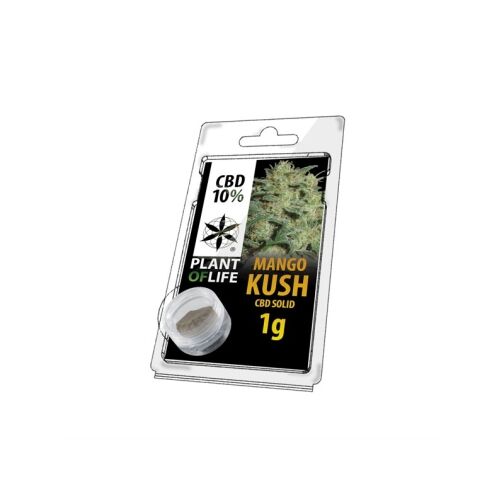 Résine CBD 10 % Mango Kush en pot avec emballage plastique transparent, marque Plant of Life.