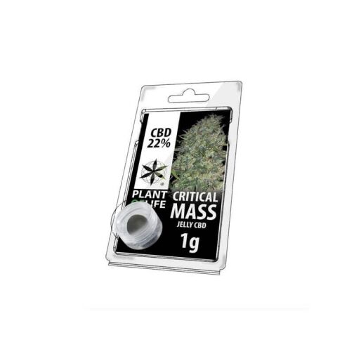 Résine CBD 22 % Critical Mass en pot, présentée dans un emballage plastique transparent de la marque Plant of Life.