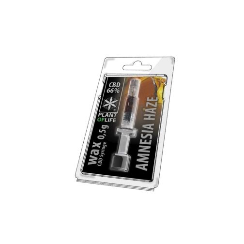 Seringue de wax CBD 66 % Amnesia Haze dans un emballage plastique transparent avec fond noir et logo Plant of Life.