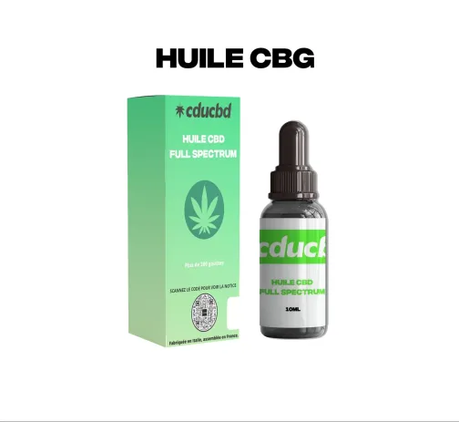 Flacon d'huile CBG Full Spectrum cducbd avec sa boîte verte, mention "Huile CBG".
