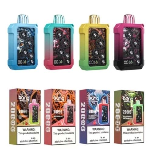 Quatre cigarettes électroniques colorées avec des engrenages visibles et leurs boîtes assorties.