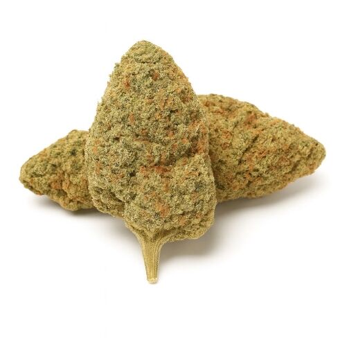 image sur fond blanc de 2 têtes de fleurs cbd avec pistils orangés