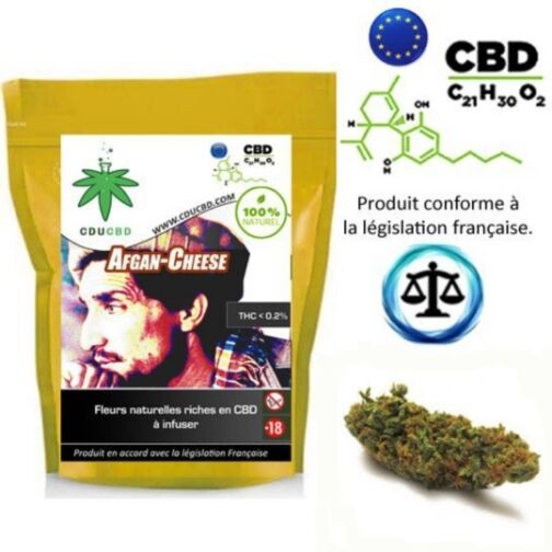 Sachet de fleurs CBD Afghan Cheese avec illustration, logo, mentions légales et une tête de fleur en présentation.