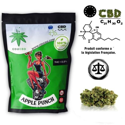 Sachet de fleurs CBD Apple Punch avec illustration, molécules de CBD, mentions légales et bud de chanvre vert.
