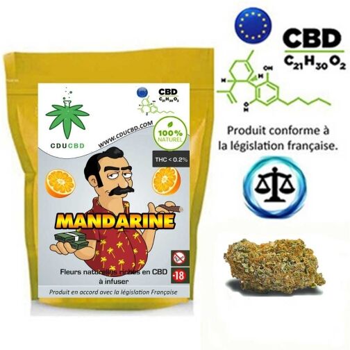 Un sachet jaune illustré « Mandarine », avec une caricature d’homme et des agrumes, à côté d’une fleur.