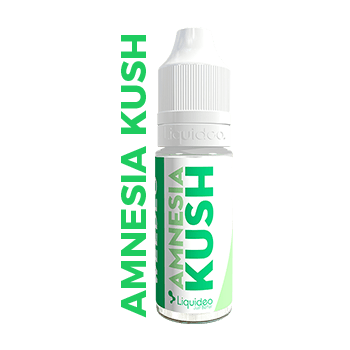 Flacon de e-liquide CBD "Amnesia Kush" de la marque Liquideo, avec un design blanc et vert.