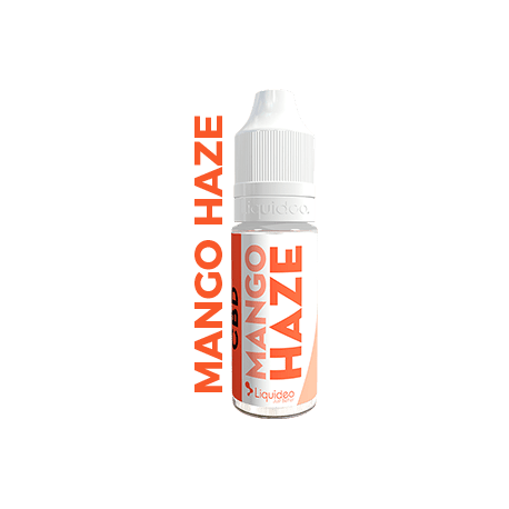 Flacon de e-liquide CBD "Mango Haze" de la marque Liquideo, avec un design blanc et orange.