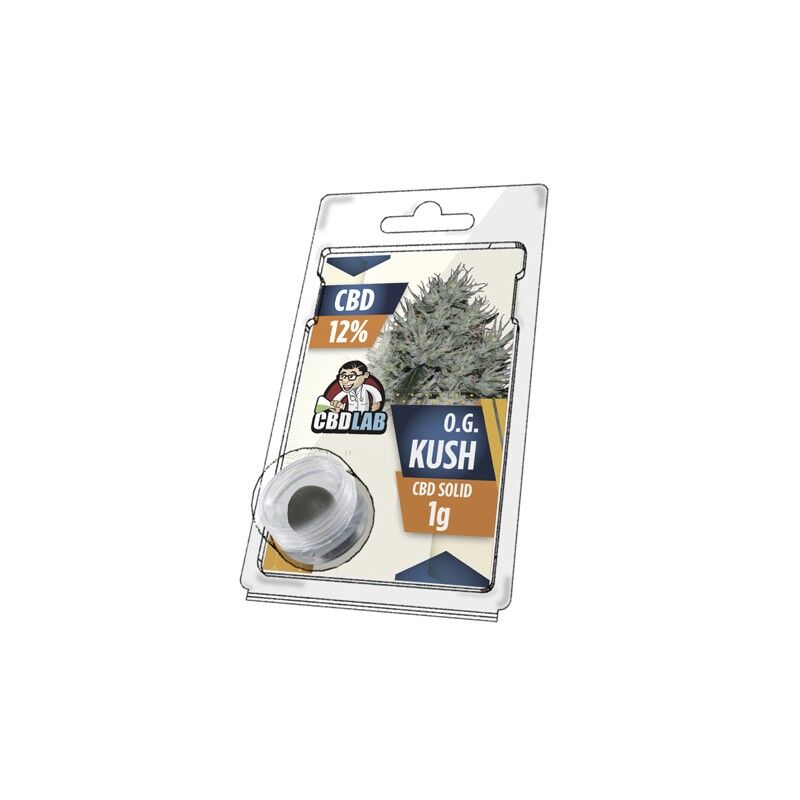 Résine CBD Solid OG Kush 12 % en blister transparent, avec pot blanc et visuel de plante de chanvre sur l’emballage.