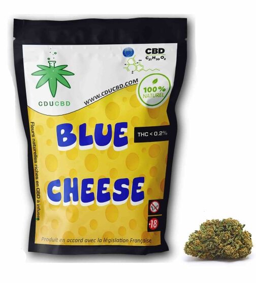 Sachet noir et jaune de fleurs CBD Blue Cheese avec design inspiré du fromage et une tête de fleurs CBD posée à côté.