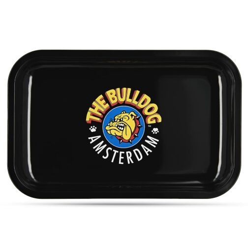 Plateau de roulage noir arborant le logo emblématique de The Bulldog Amsterdam, représentant un bulldog jaune sur un fond bleu avec des lettres rouges et blanches.
