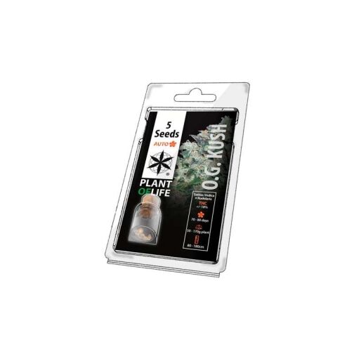 Emballage contenant 5 graines de cannabis O.G. Kush Auto de Plant of Life. L'étiquette présente les caractéristiques de la variété, incluant son équilibre Sativa/Indica, son taux de THC, sa durée de floraison et la hauteur des plantes.