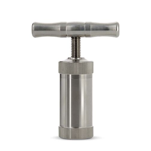 Presse-pollen en aluminium robuste, de couleur argentée, avec une poignée en T et un système de vissage permettant de compacter le pollen en résine solide.