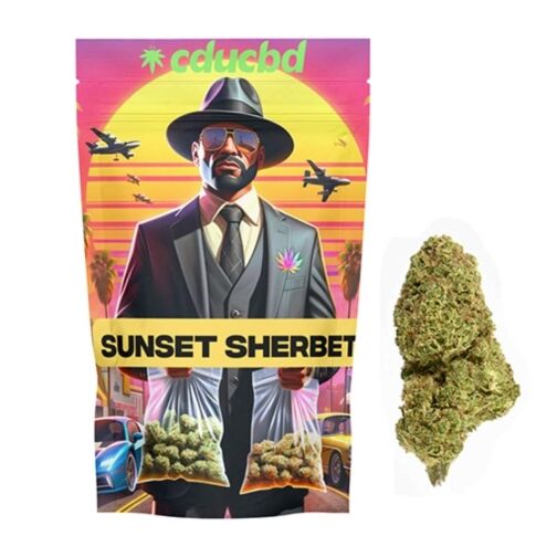 Un sachet coloré représentant un homme en costume « Sunset Sherbet » à côté d’une fleur verte.