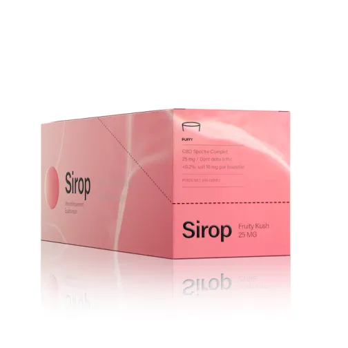 Boîte rose avec le mot "Sirop" et la mention "Fruity Kush 25 MG" imprimés sur le côté.