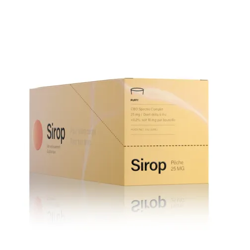 Boîte beige avec l'inscription "Sirop Pêche 25 MG" et des mentions sur le CBD spectre complet.